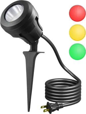 120V LED Christmas Halloween Outdoor Spotlight, 3 Extra Lenses (Red Green Yellow), 4.8W 5000K Plug in Spotlight, Waterproof Landscape Light for Yard, Tree Flag, 5FT Extension Cord, UL Listed