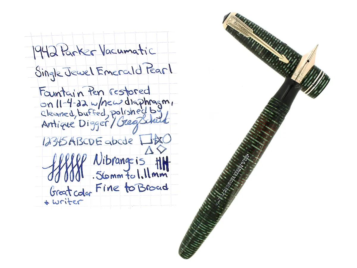 1942 PARKER VACUMATIC EMERALD PEARL SINGLE JEWEL FOUNTAIN PEN RESTORED