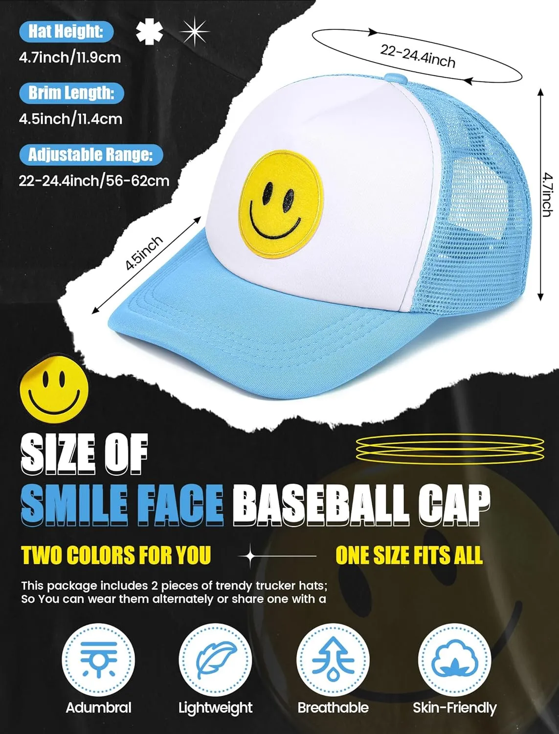 2 Pcs Smile Face Baseball Cap Smile Trucker Hat Mesh Adjustable Baseball Cap Retro Preppy Hats for Women