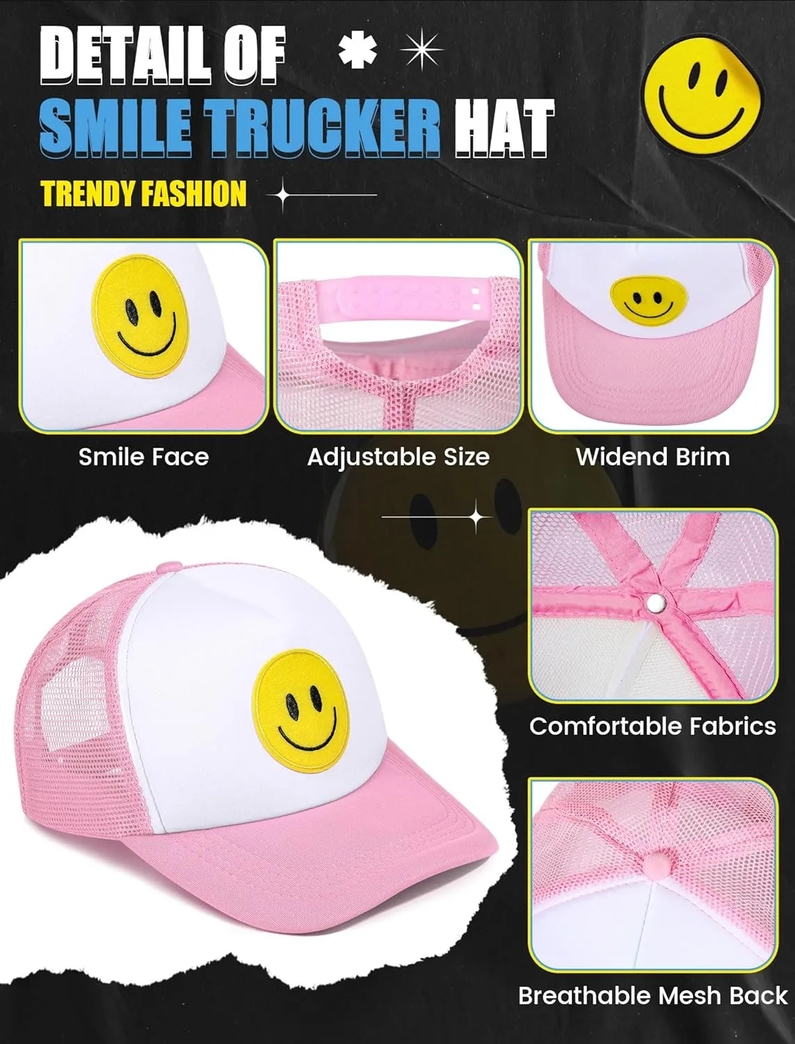 2 Pcs Smile Face Baseball Cap Smile Trucker Hat Mesh Adjustable Baseball Cap Retro Preppy Hats for Women