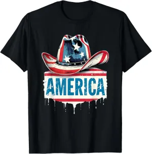 American Flag Cowboy Hat 4th Of July Western Patriotic T-Shirt