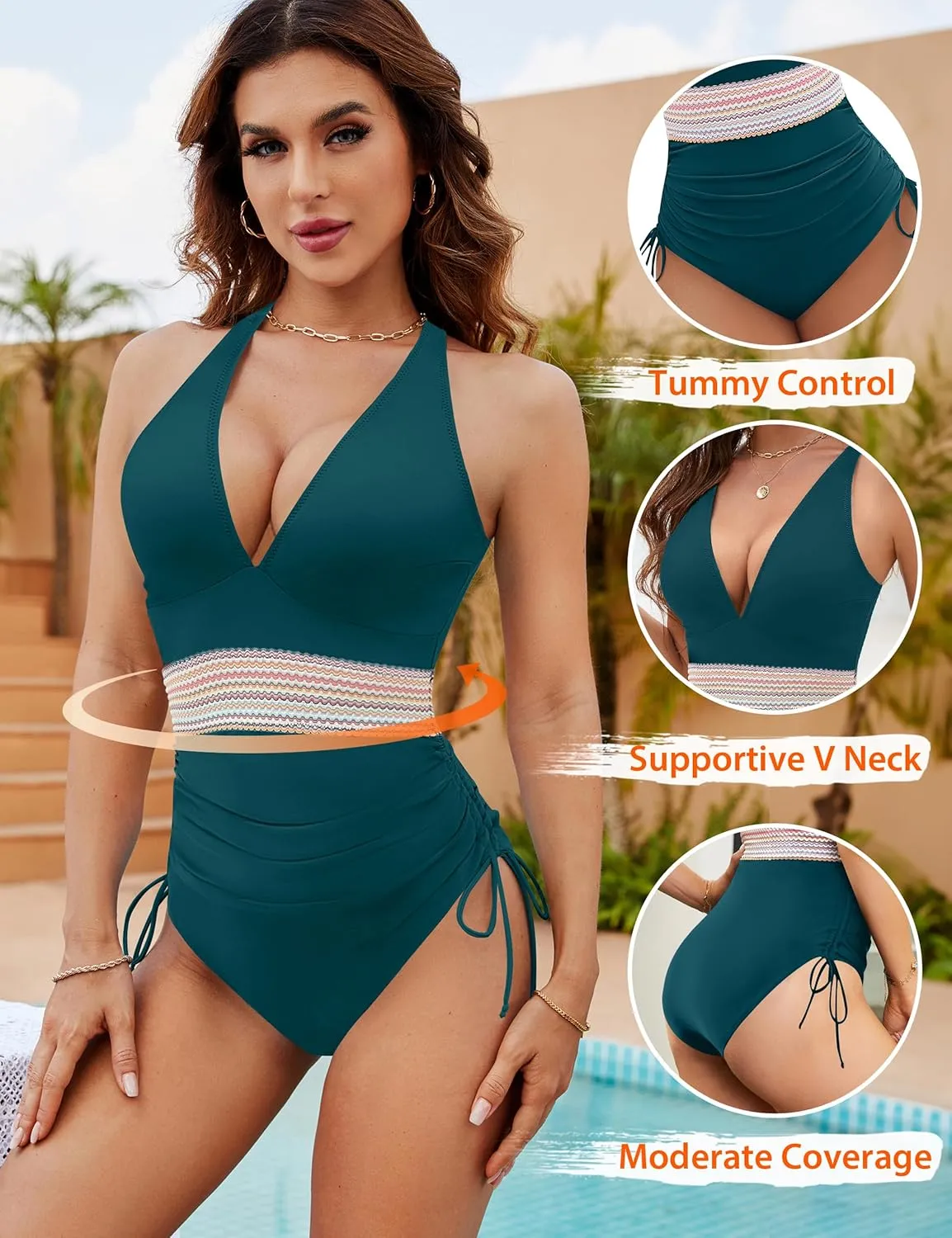 Blooming Jelly Women Tummy Control Swimsuits One Piece Slimming Modest Bathing Suit Color Block Drawstring Swim Suits