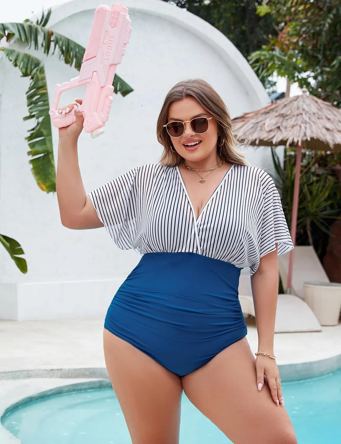 Blooming Jelly Women's Plus Size Swimsuit One Piece Bathing Suit Tummy Control Mesh V Neck Maternity Swimwear