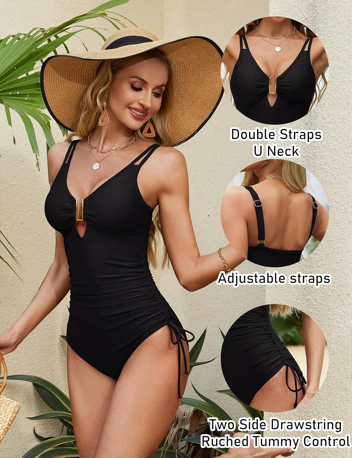BMJL Women's Tummy Control Swimsuits Ruched One Piece Bathing Suit Double Straps Deep V Neck Drawstring Swimsuit