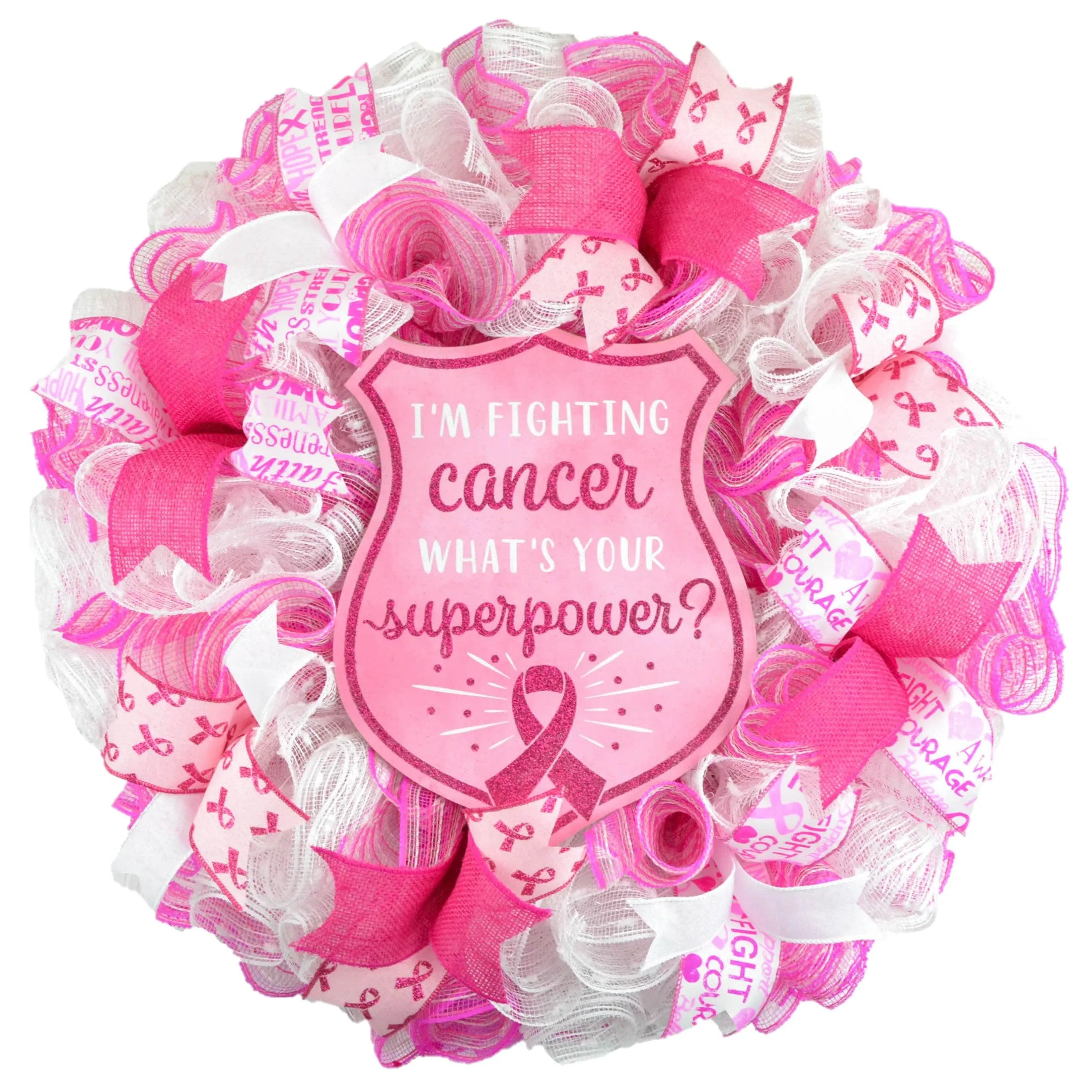Breast Cancer Awareness Wreath - Pink White Burlap Wreath - Cancer Awareness Survivor Gift
