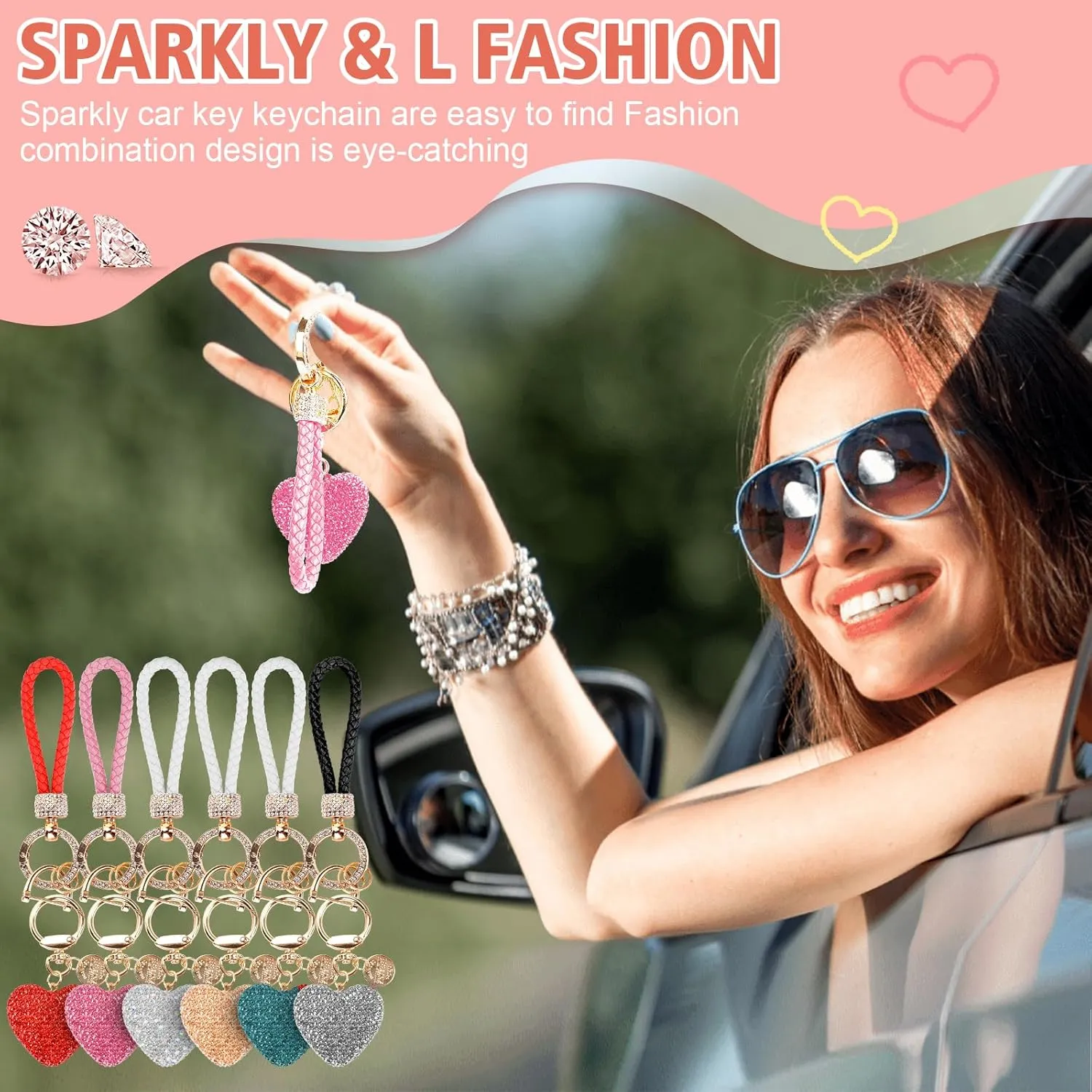 Car Keychain for Women with Rhinestone Heart Shape Bling Girl Cute Keychain for Christmas,Personalized Gift