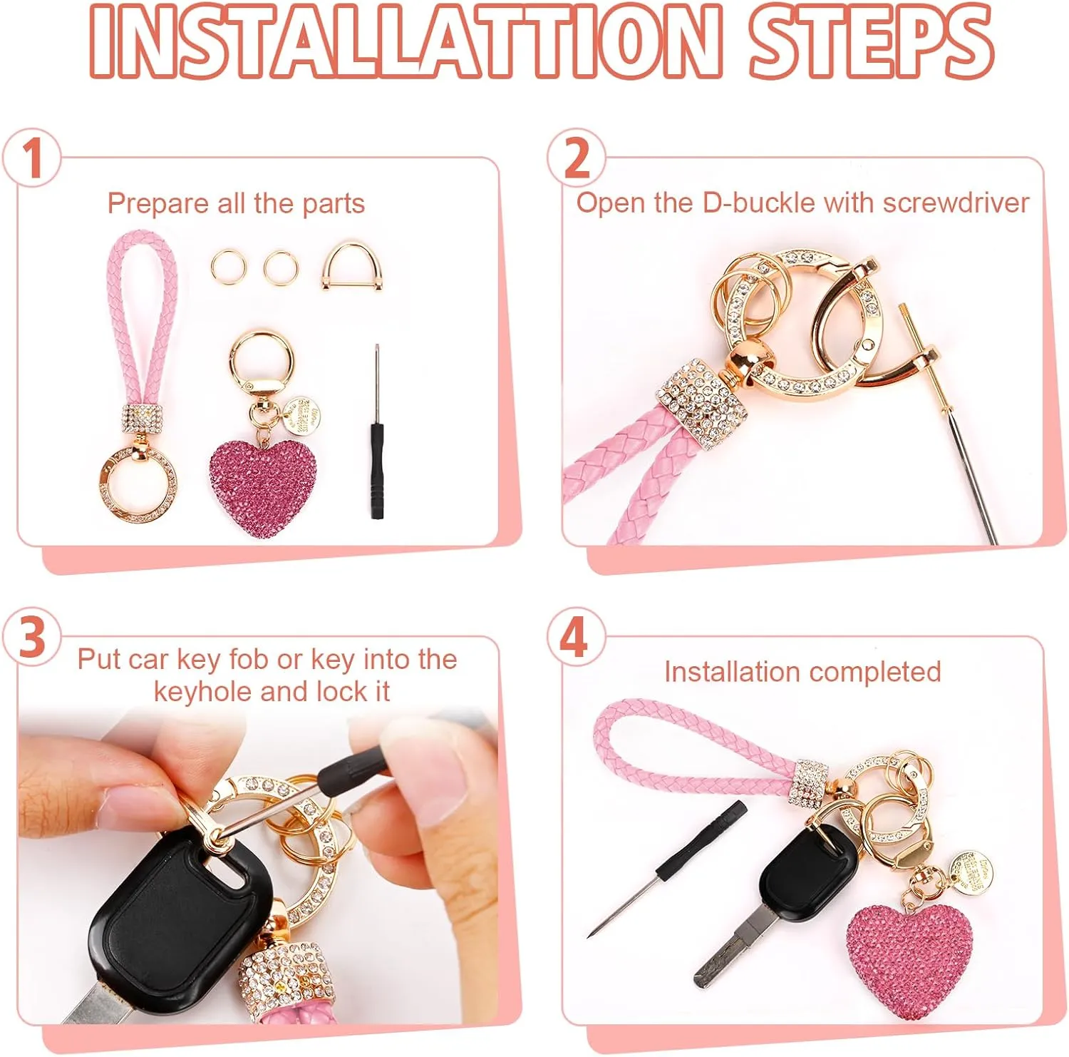 Car Keychain for Women with Rhinestone Heart Shape Bling Girl Cute Keychain for Christmas,Personalized Gift