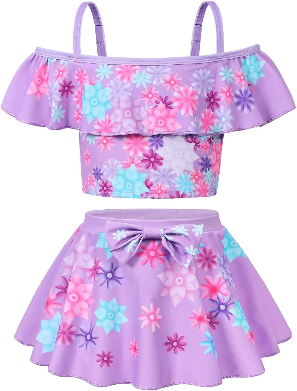 COTRIO Princess Bathing Suit for Girls Swimsuit Floral Ruffle 2 Piece Bikini Set Swimming Suits Off Shoulder Beach Swimwear
