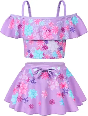 COTRIO Princess Bathing Suit for Girls Swimsuit Floral Ruffle 2 Piece Bikini Set Swimming Suits Off Shoulder Beach Swimwear