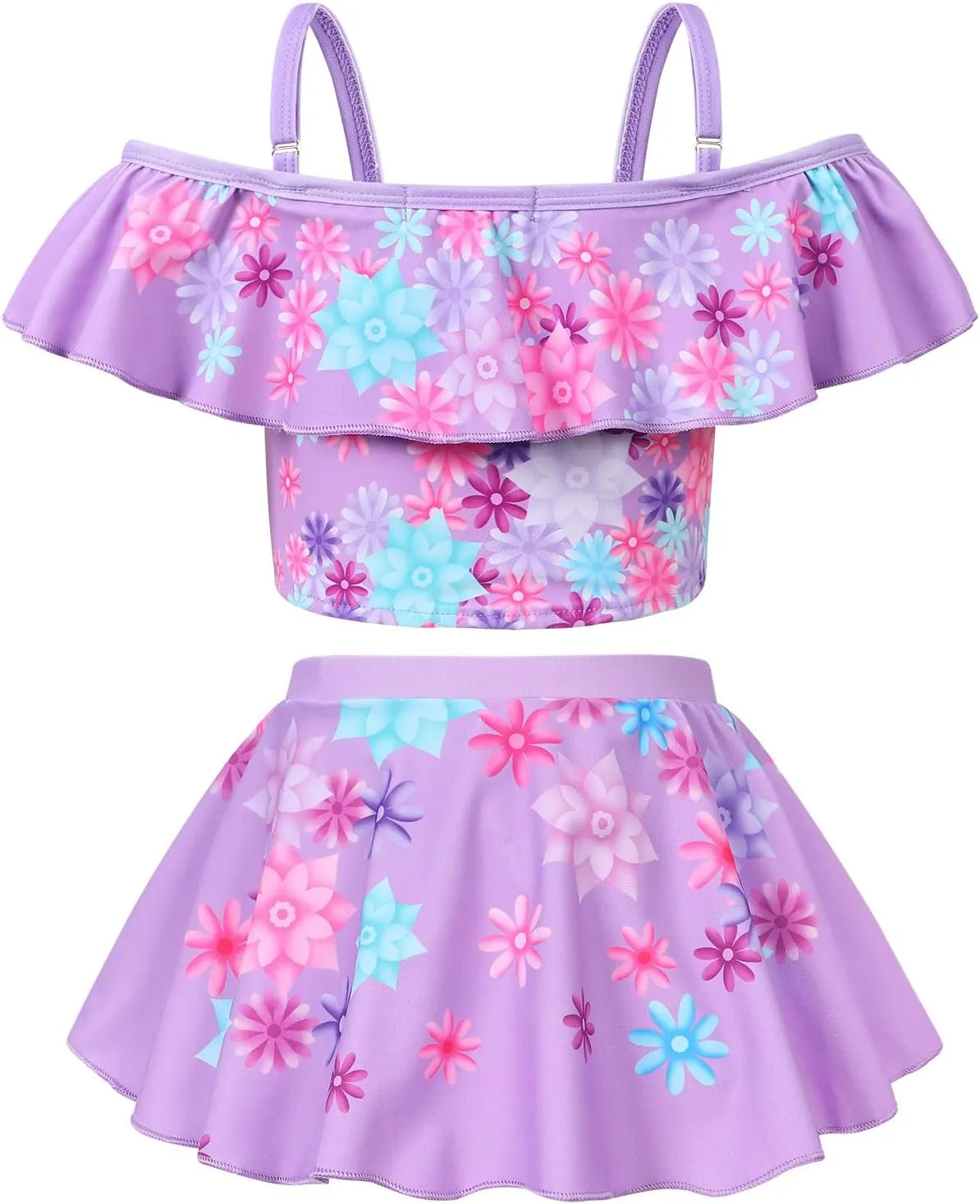 COTRIO Princess Bathing Suit for Girls Swimsuit Floral Ruffle 2 Piece Bikini Set Swimming Suits Off Shoulder Beach Swimwear