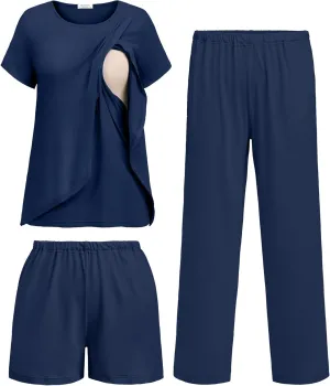 Ekouaer 3 PCS Maternity Nursing Pajamas Set Postpartum Breastfeeding Short Sleeve Shirts, Pregnancy Shorts & Pants Pjs S-XXL