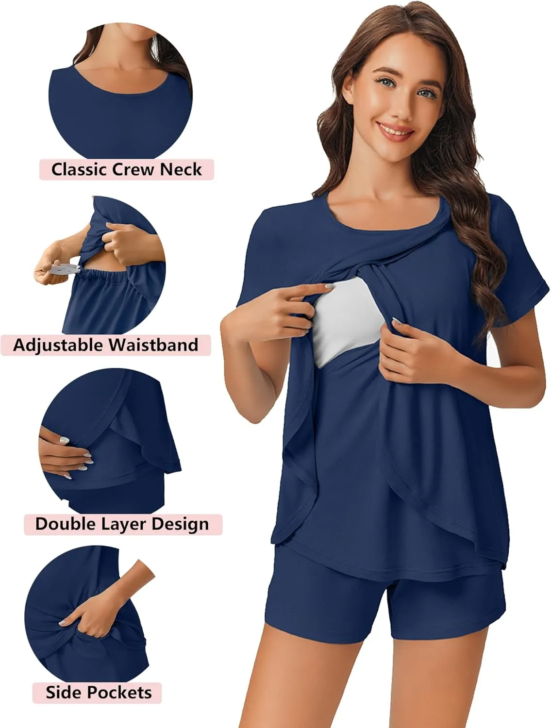 Ekouaer 3 PCS Maternity Nursing Pajamas Set Postpartum Breastfeeding Short Sleeve Shirts, Pregnancy Shorts & Pants Pjs S-XXL
