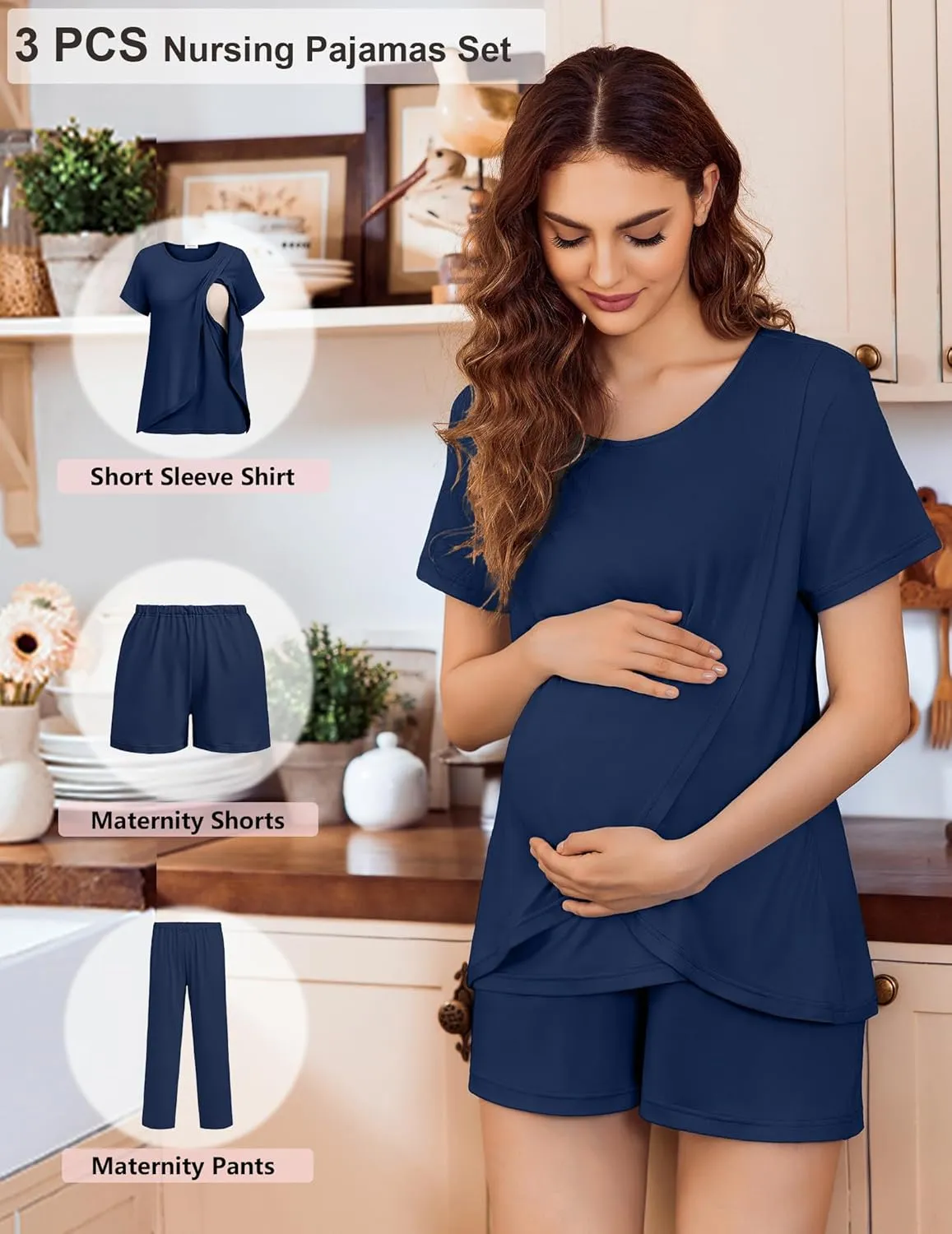 Ekouaer 3 PCS Maternity Nursing Pajamas Set Postpartum Breastfeeding Short Sleeve Shirts, Pregnancy Shorts & Pants Pjs S-XXL
