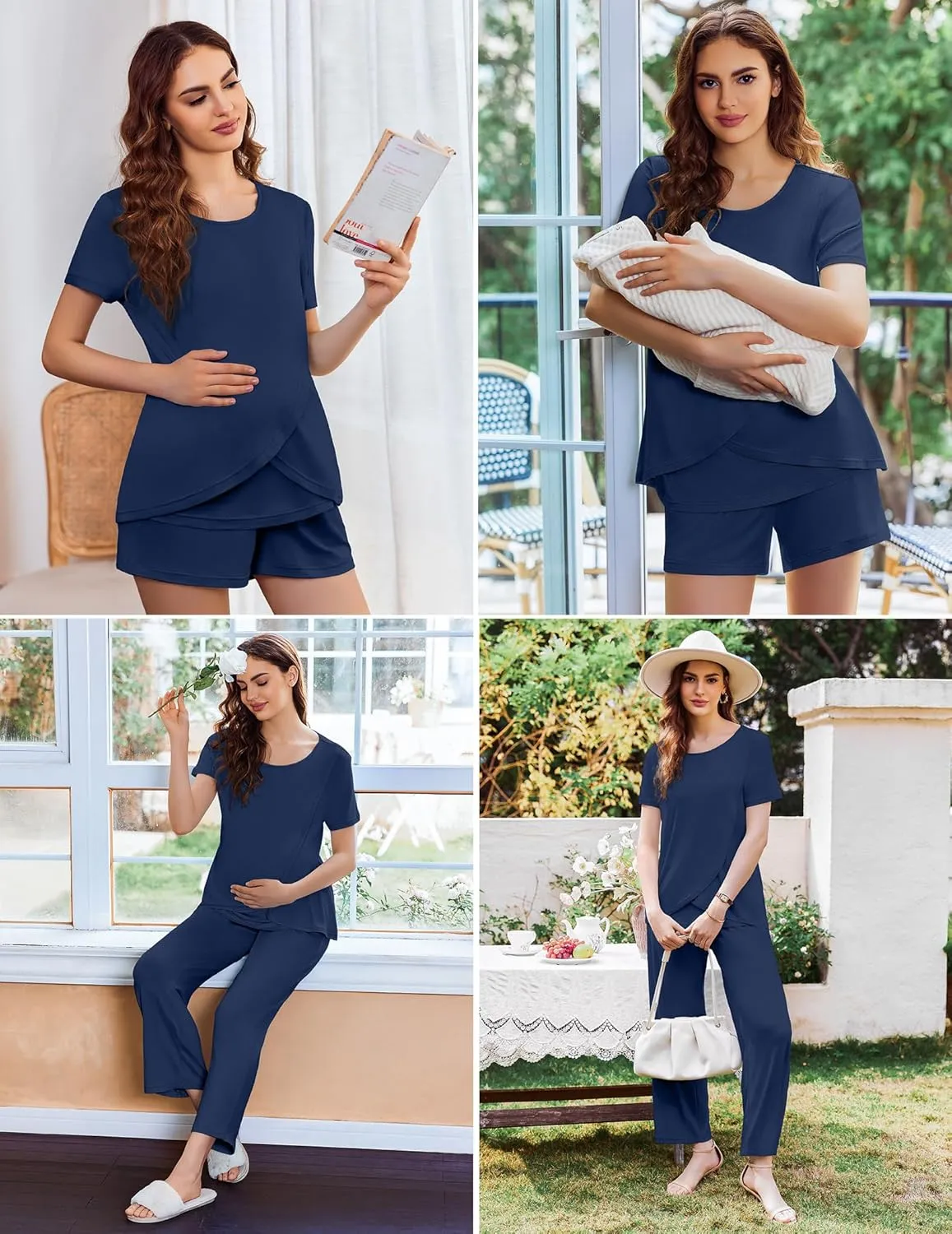 Ekouaer 3 PCS Maternity Nursing Pajamas Set Postpartum Breastfeeding Short Sleeve Shirts, Pregnancy Shorts & Pants Pjs S-XXL