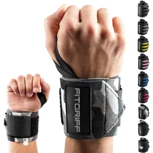 Fitgriff Wrist Wraps for Weightlifting (18") Heavy-Duty Support for Gym, Bench Press, and Pushups (1 Pair) - for Men and Women (Grey-Camo)