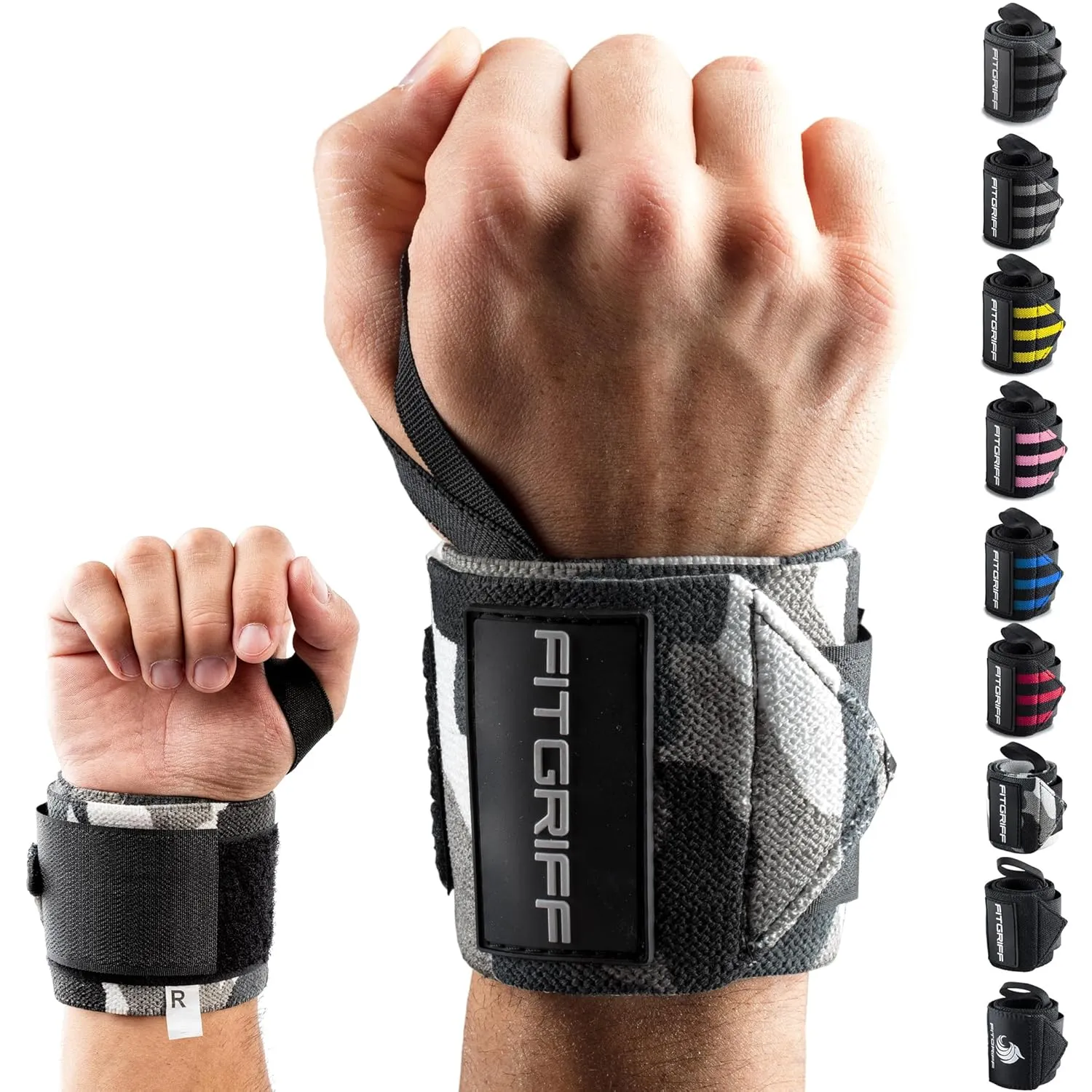 Fitgriff Wrist Wraps for Weightlifting (18") Heavy-Duty Support for Gym, Bench Press, and Pushups (1 Pair) - for Men and Women (Grey-Camo)