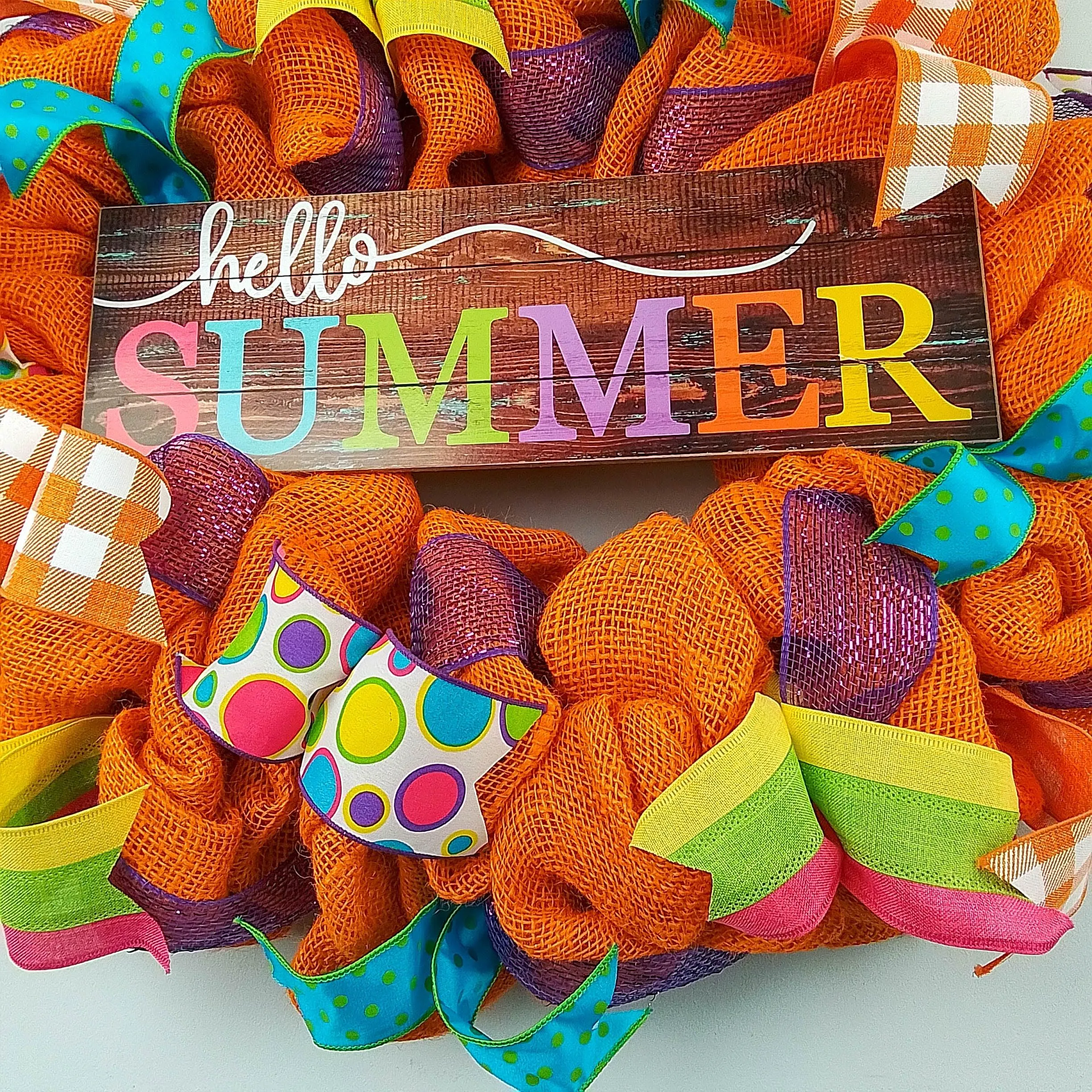 Hello Summer Wreath | Orange Burlap Wreath | Colorful Outdoor Mesh Wreath