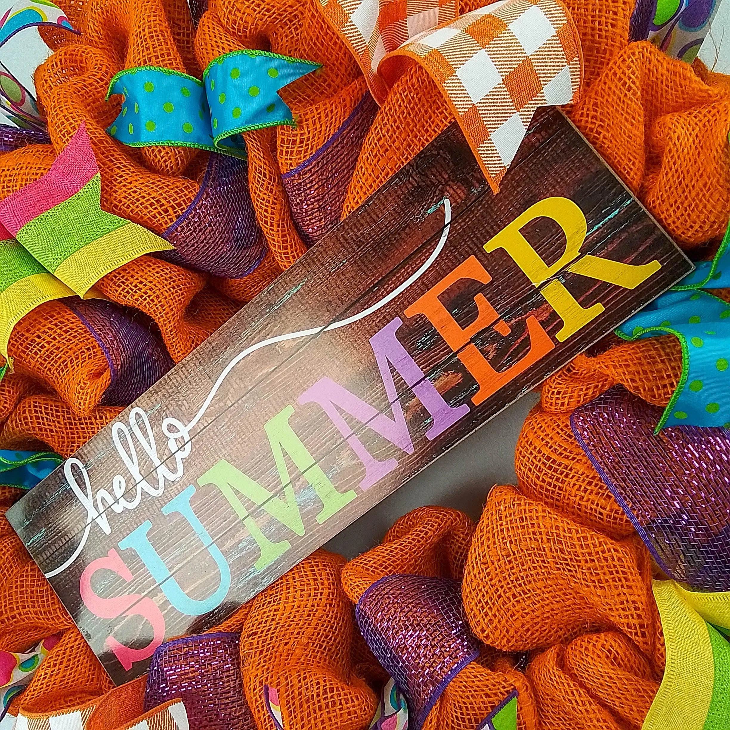 Hello Summer Wreath | Orange Burlap Wreath | Colorful Outdoor Mesh Wreath