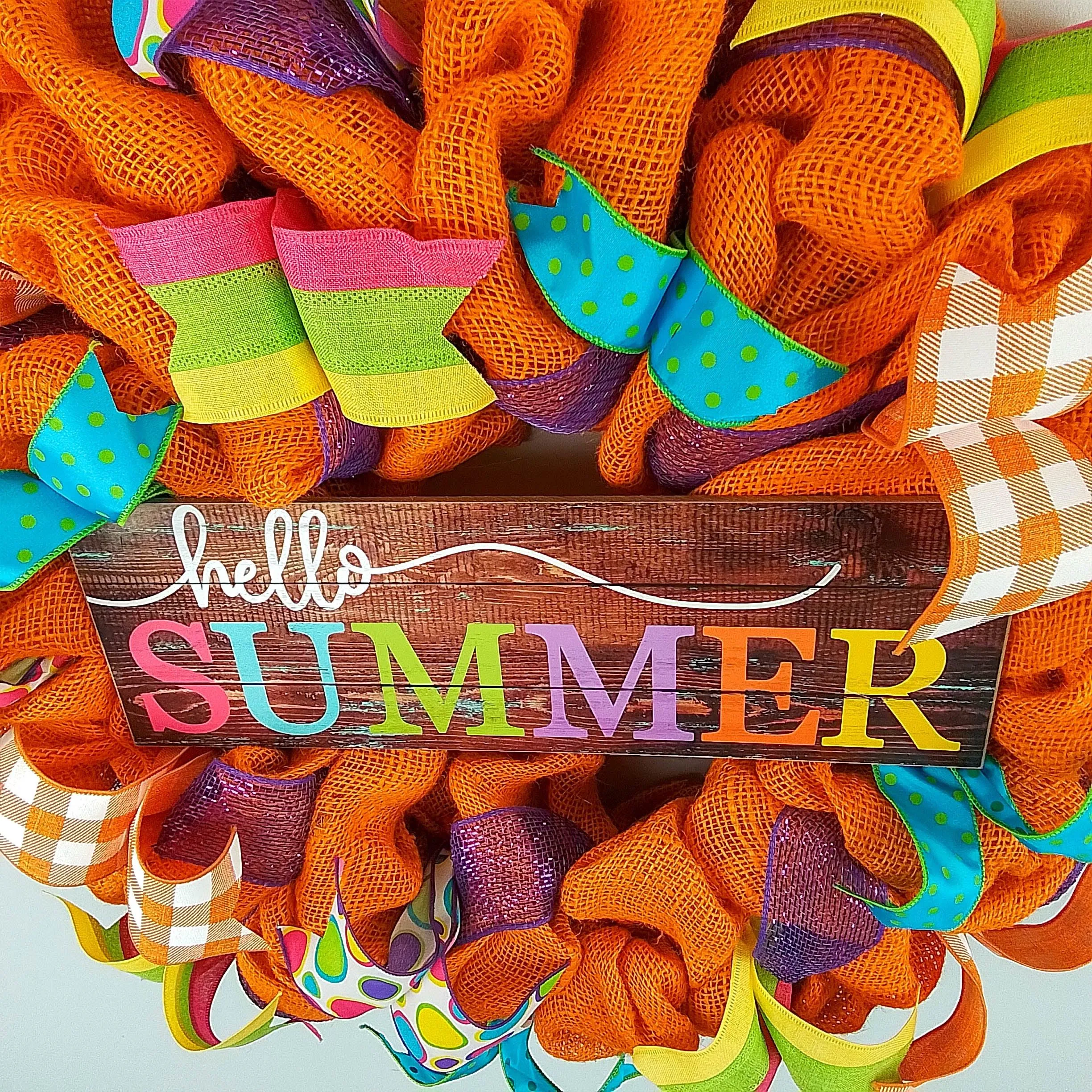 Hello Summer Wreath | Orange Burlap Wreath | Colorful Outdoor Mesh Wreath