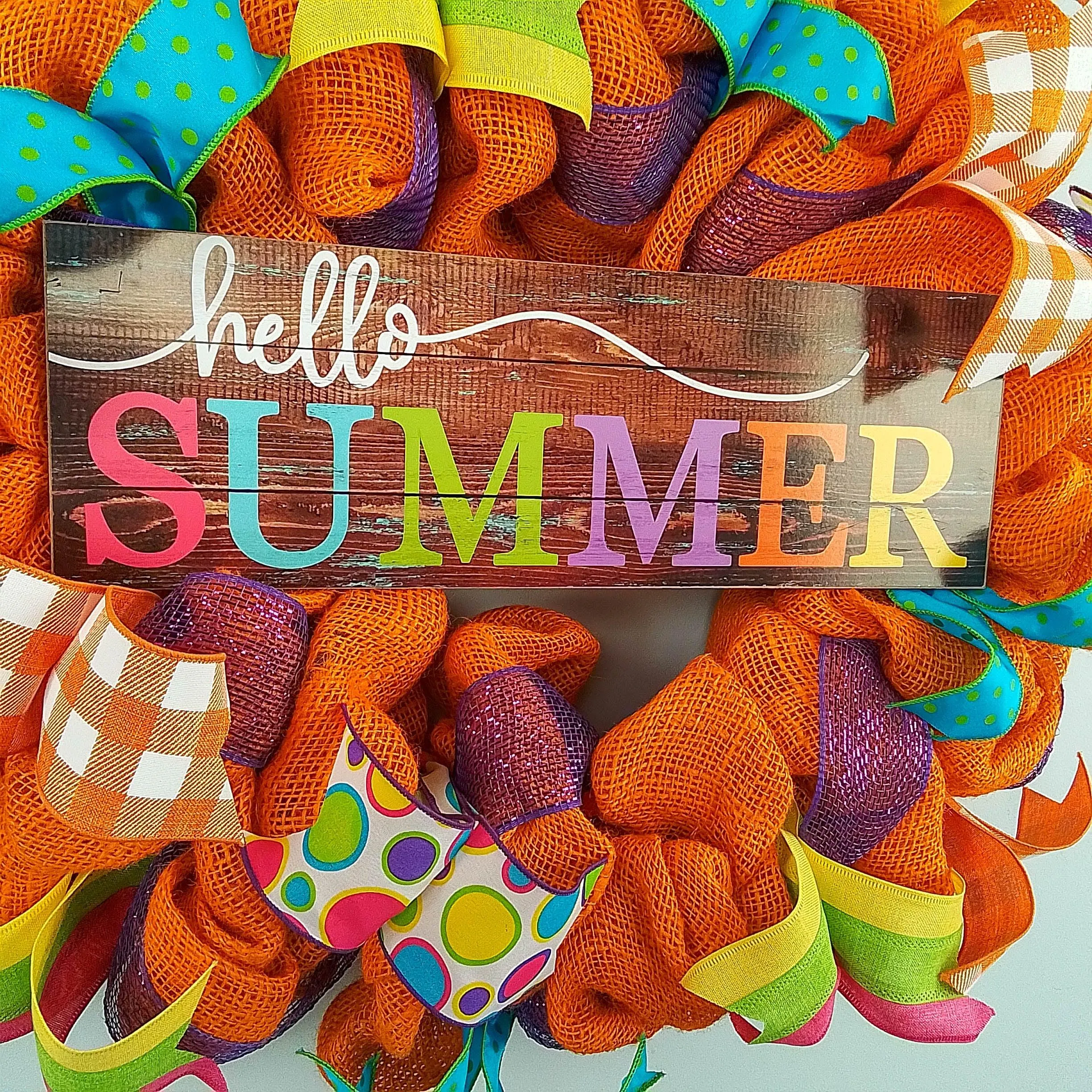 Hello Summer Wreath | Orange Burlap Wreath | Colorful Outdoor Mesh Wreath