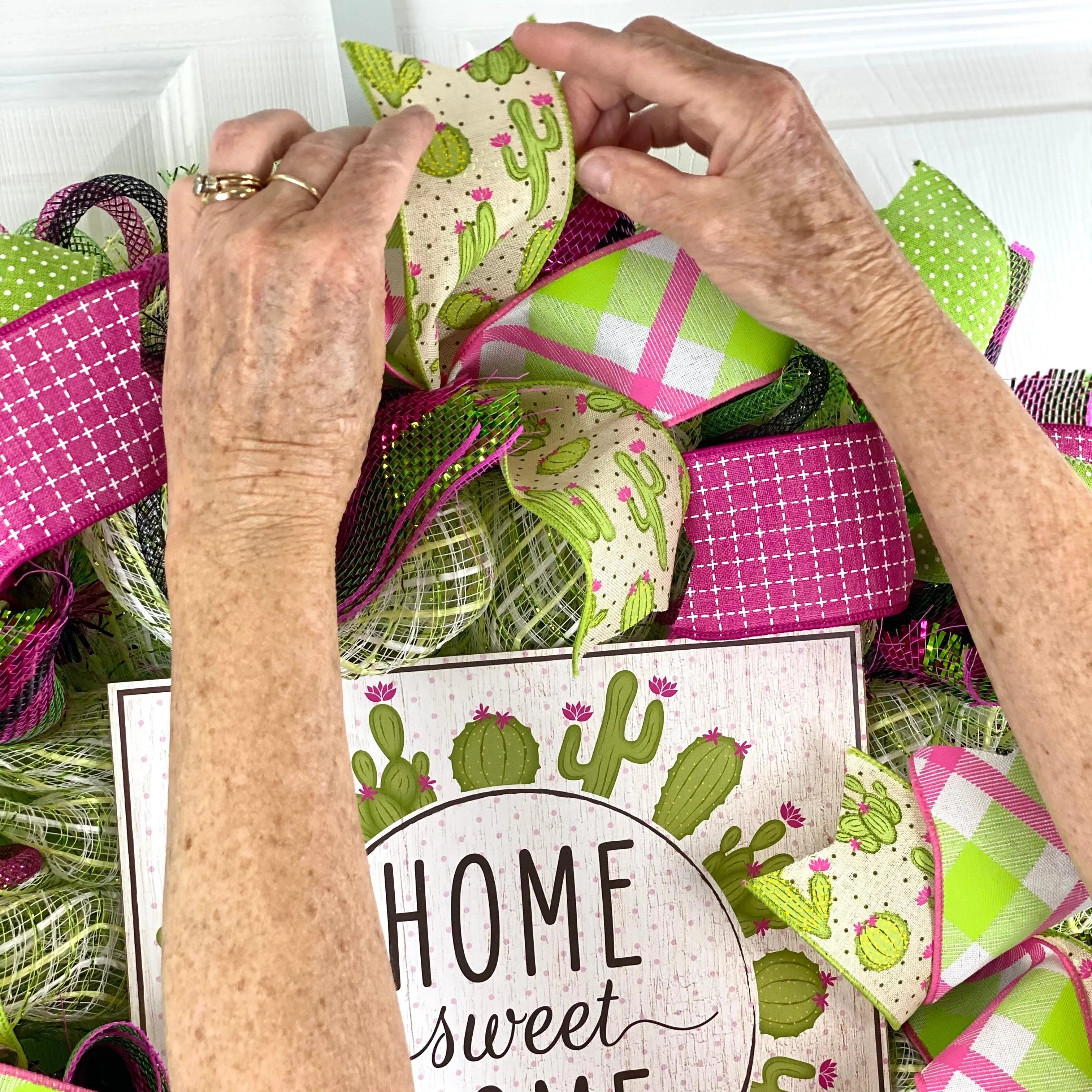 Home Sweet Home Cactus Wreath - Black Green Pink Spring Decor - Mother's Day Gift