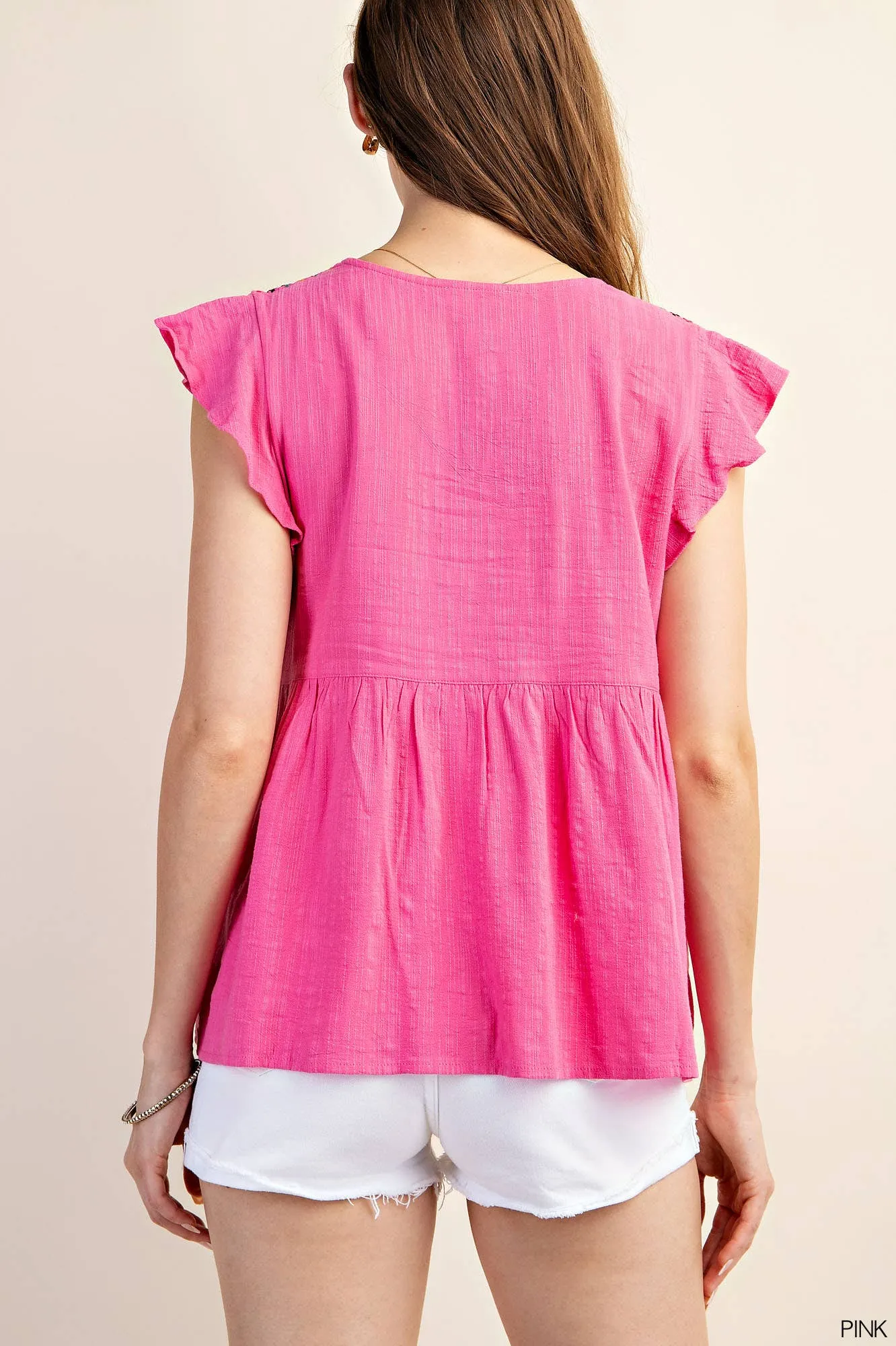 Hot Pink Embroidered Yoke Top