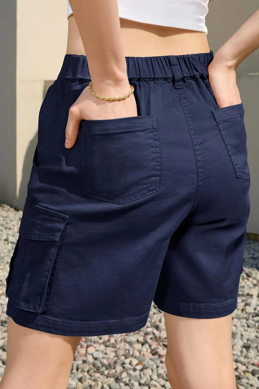 IVIR Bermuda Cargo Shorts for Women Knee Length 6 Pockets Elastic Waist Long Shorts for Summer Casual