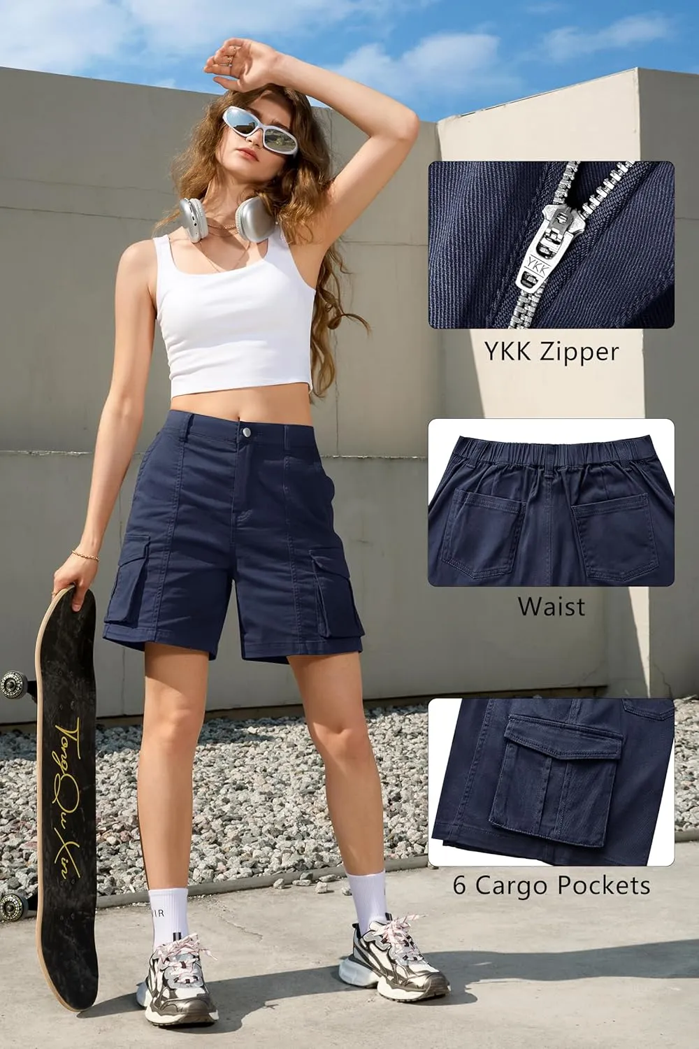 IVIR Bermuda Cargo Shorts for Women Knee Length 6 Pockets Elastic Waist Long Shorts for Summer Casual