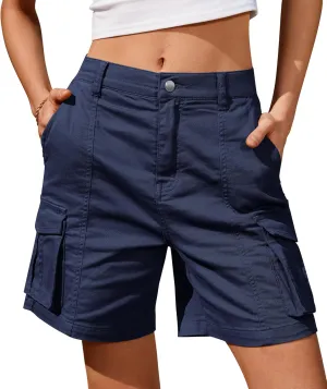 IVIR Bermuda Cargo Shorts for Women Knee Length 6 Pockets Elastic Waist Long Shorts for Summer Casual