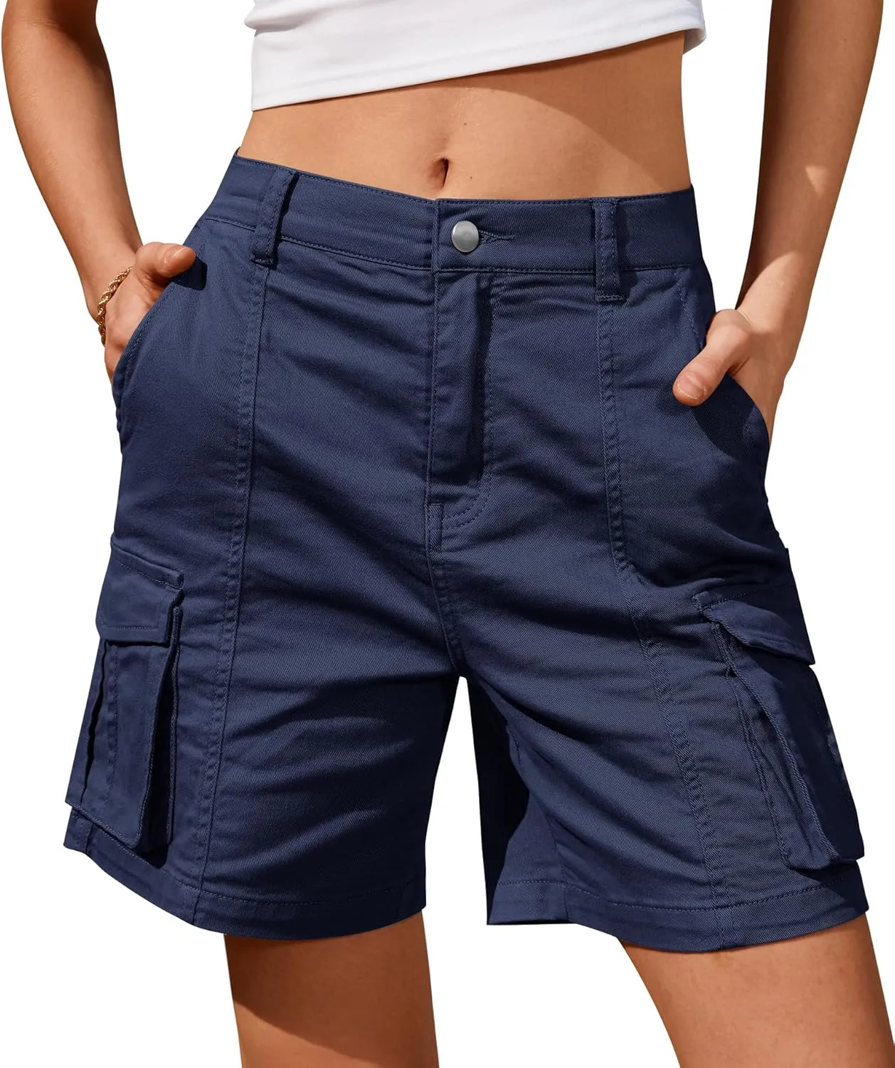 IVIR Bermuda Cargo Shorts for Women Knee Length 6 Pockets Elastic Waist Long Shorts for Summer Casual