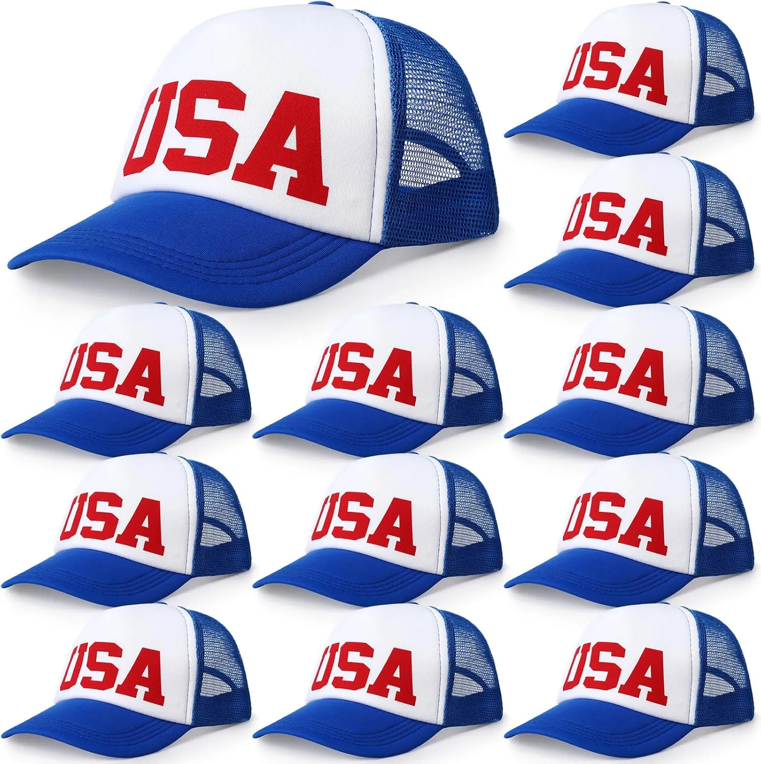 Jeyiour 12 Pcs Patriotic American Flag Hat 4th of July Baseball Cap Adjustable Trucker Hat Mesh Cotton Cap for Men Women