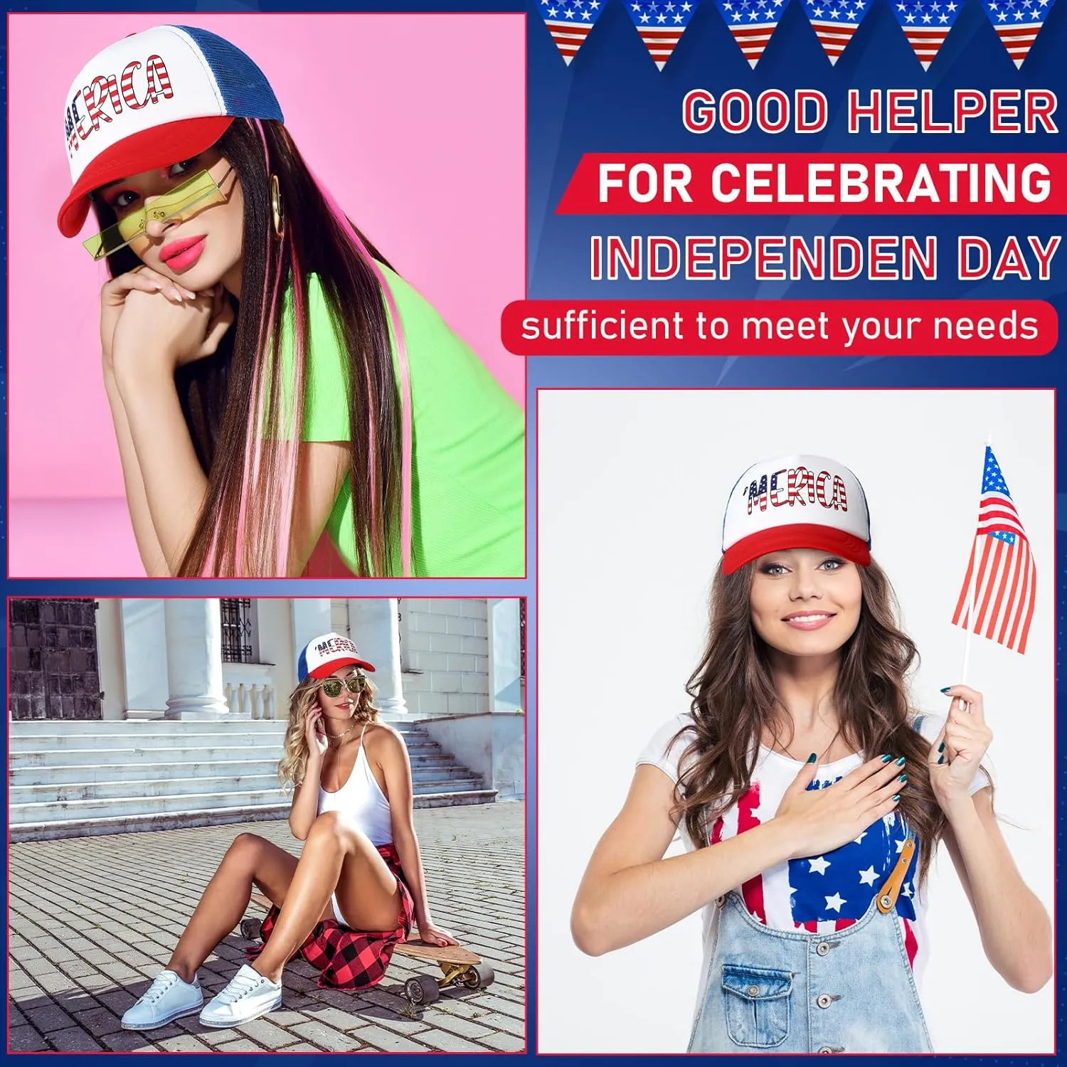 Jeyiour 12 Pcs Patriotic American Flag Hat 4th of July Baseball Cap Adjustable Trucker Hat Mesh Cotton Cap for Men Women
