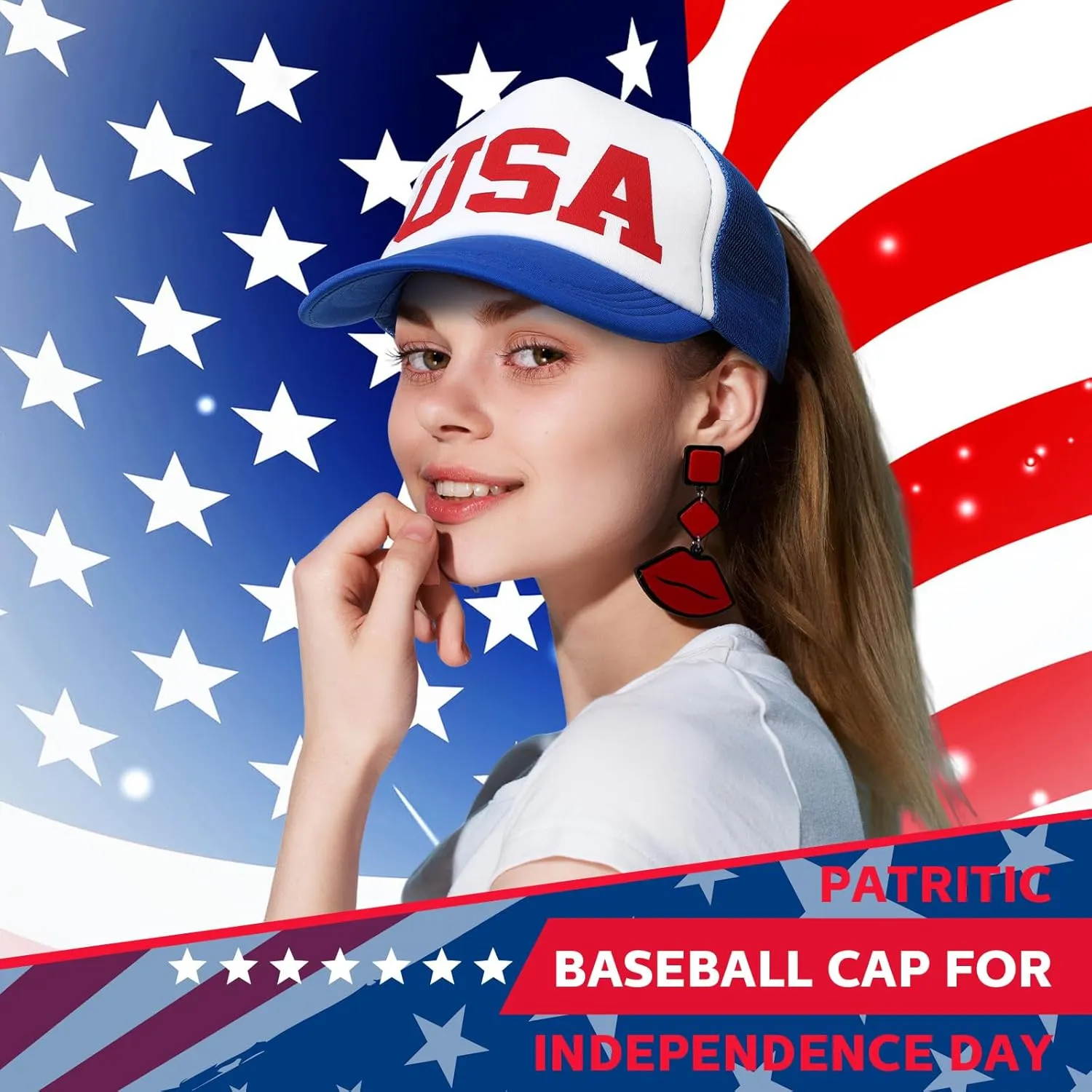 Jeyiour 12 Pcs Patriotic American Flag Hat 4th of July Baseball Cap Adjustable Trucker Hat Mesh Cotton Cap for Men Women