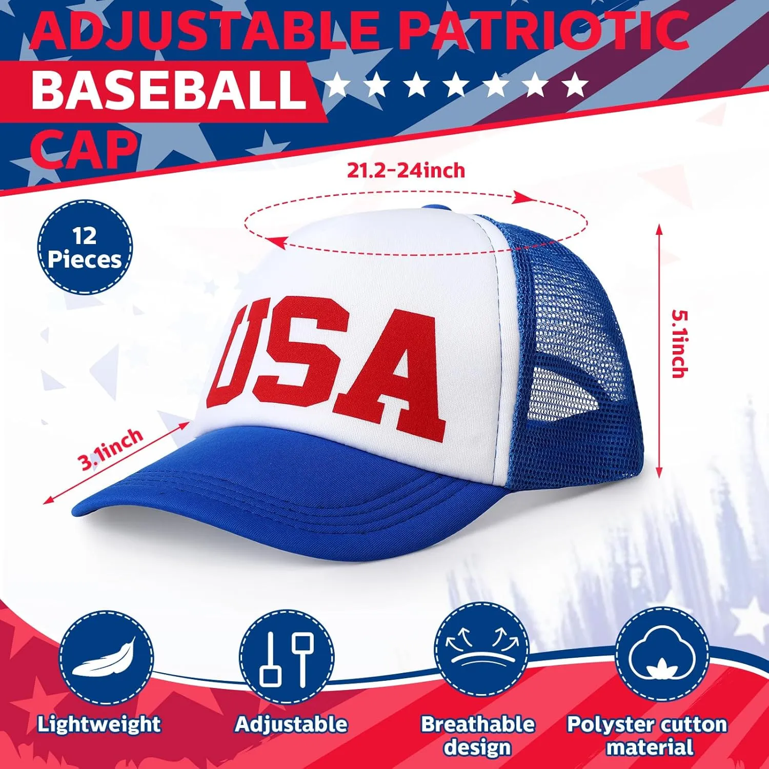 Jeyiour 12 Pcs Patriotic American Flag Hat 4th of July Baseball Cap Adjustable Trucker Hat Mesh Cotton Cap for Men Women