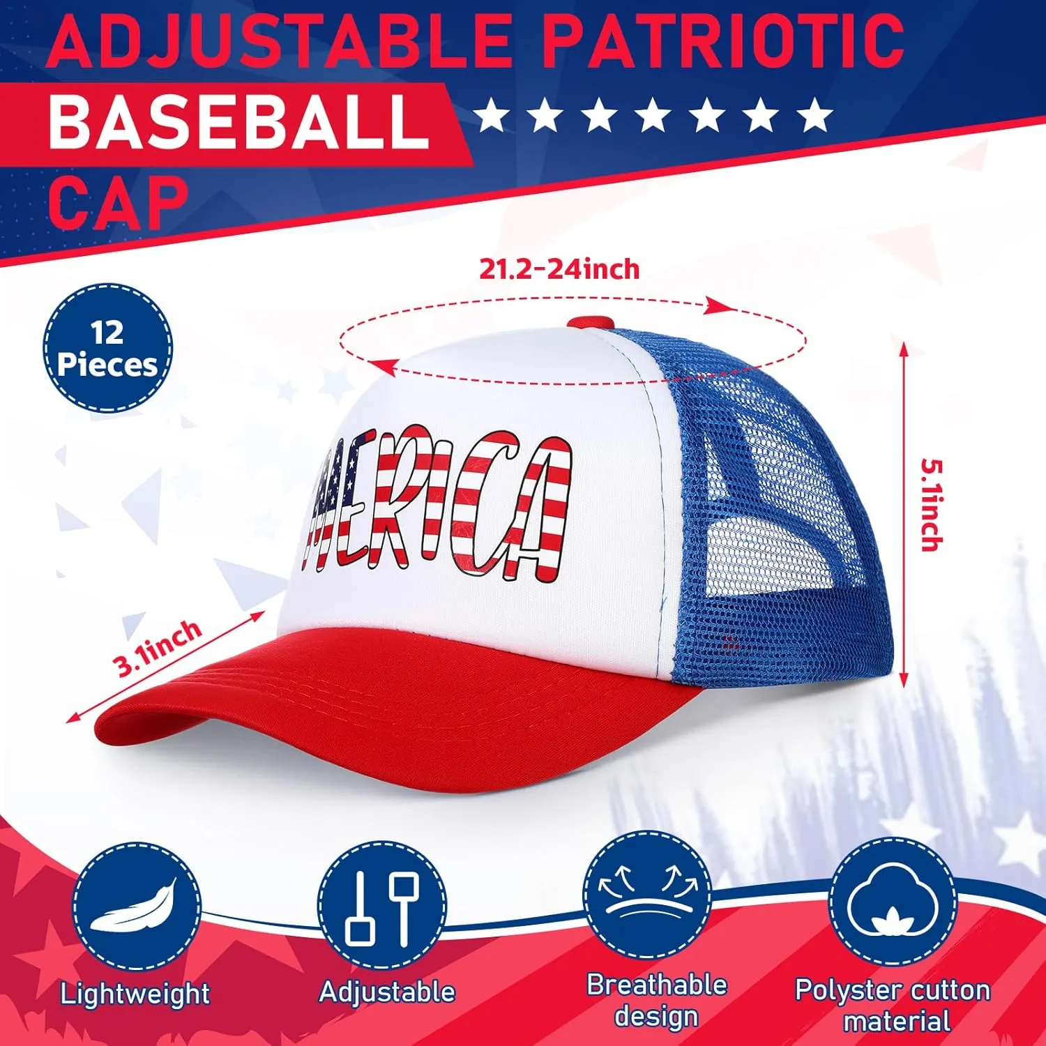 Jeyiour 12 Pcs Patriotic American Flag Hat 4th of July Baseball Cap Adjustable Trucker Hat Mesh Cotton Cap for Men Women