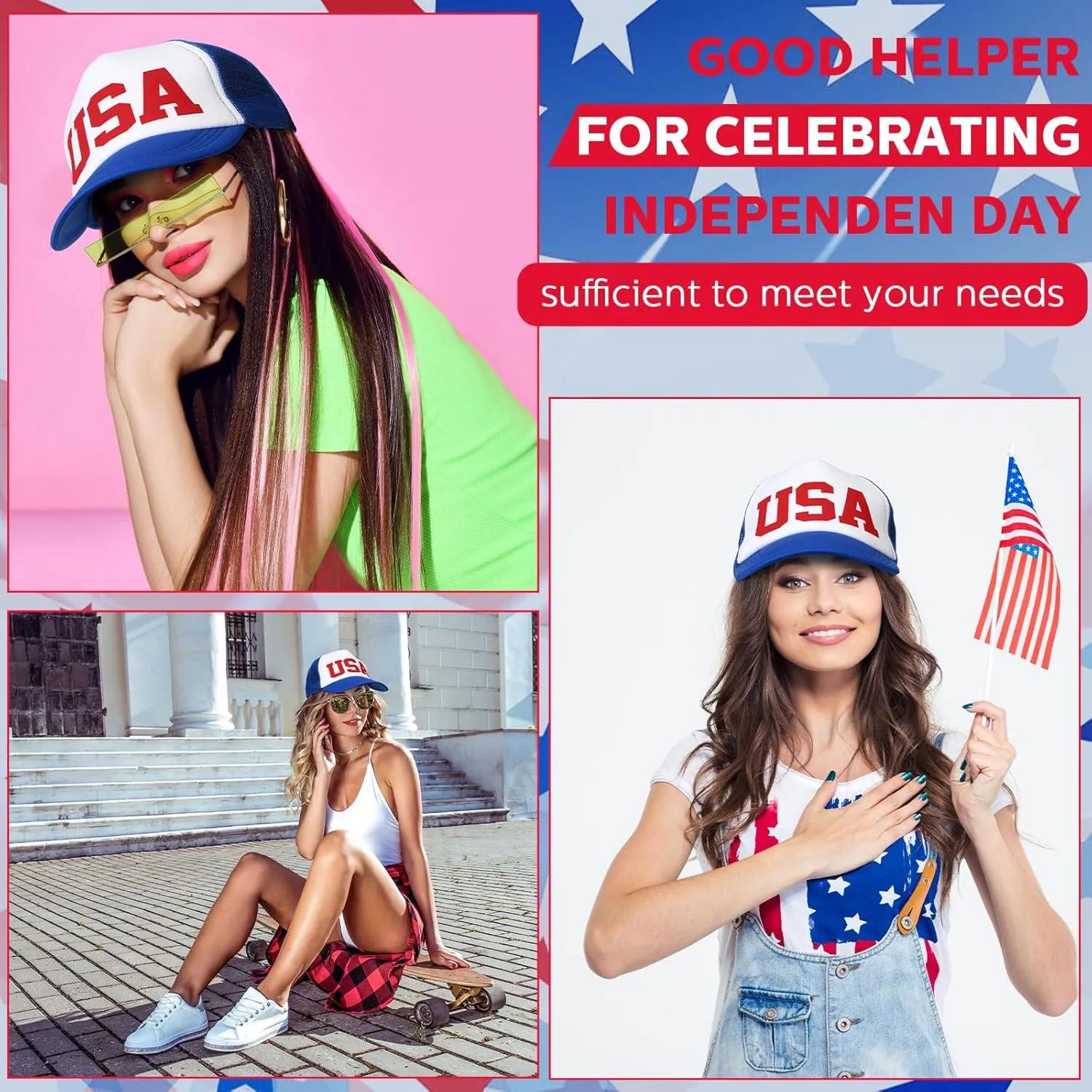 Jeyiour 12 Pcs Patriotic American Flag Hat 4th of July Baseball Cap Adjustable Trucker Hat Mesh Cotton Cap for Men Women