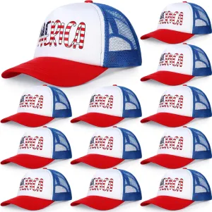 Jeyiour 12 Pcs Patriotic American Flag Hat 4th of July Baseball Cap Adjustable Trucker Hat Mesh Cotton Cap for Men Women