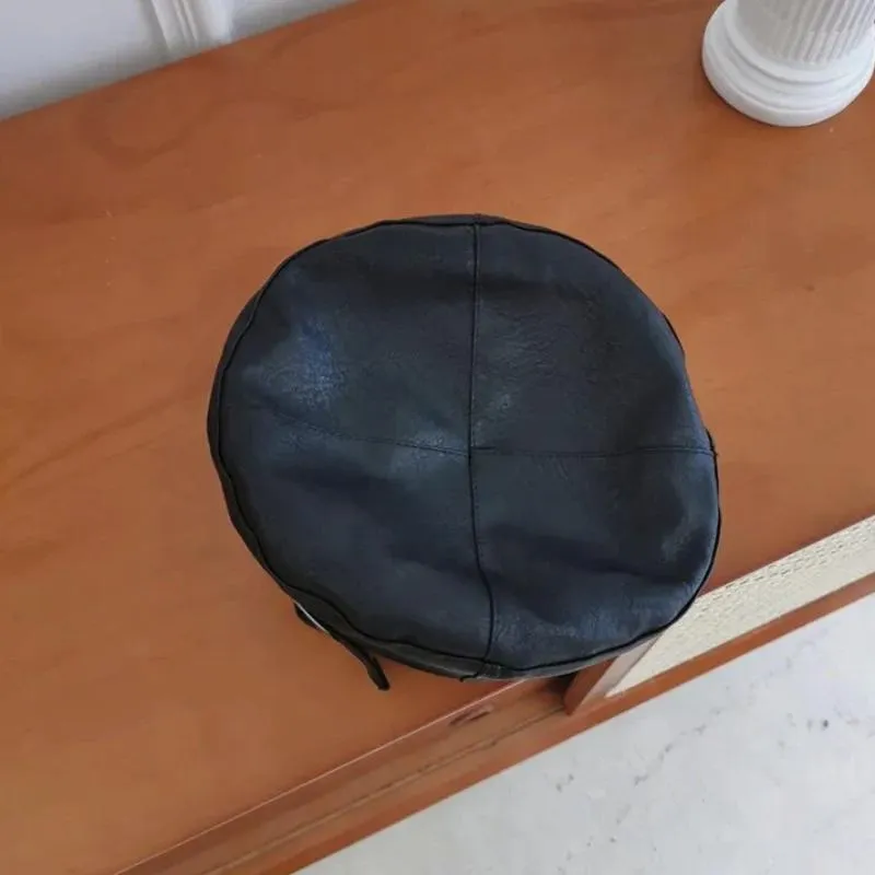 Leather Beret With Faux Leather and Buckle