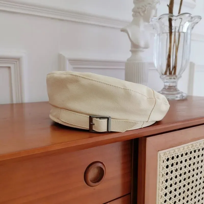 Leather Beret With Faux Leather and Buckle