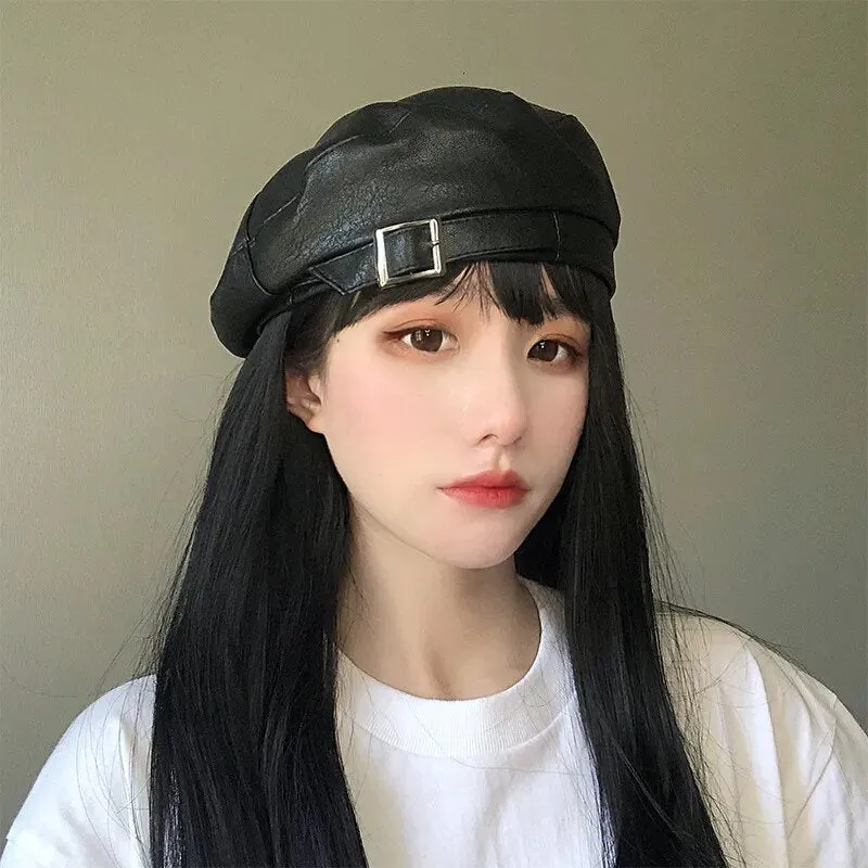 Leather Beret With Faux Leather and Buckle