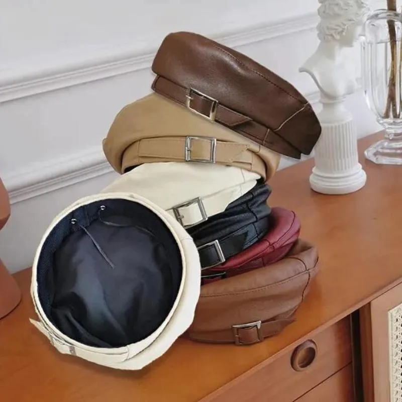 Leather Beret With Faux Leather and Buckle