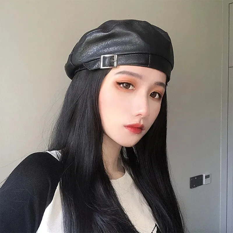 Leather Beret With Faux Leather and Buckle