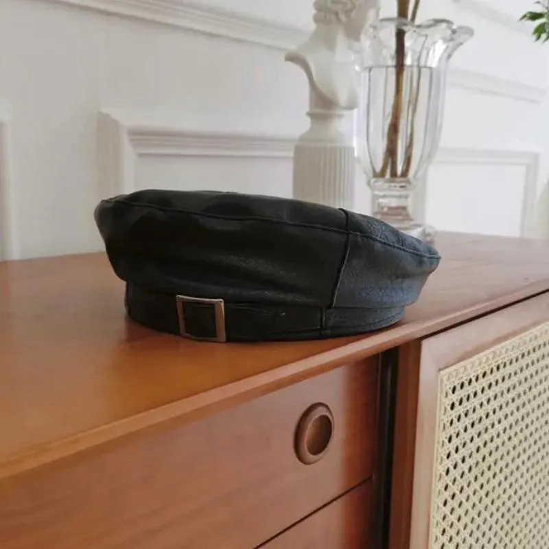 Leather Beret With Faux Leather and Buckle