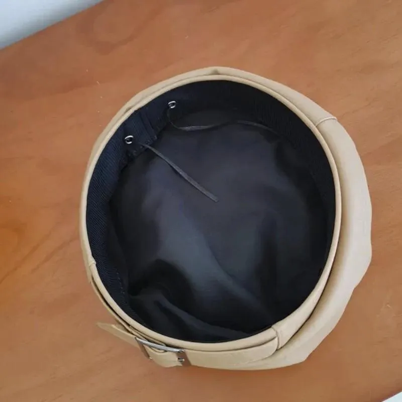 Leather Beret With Faux Leather and Buckle