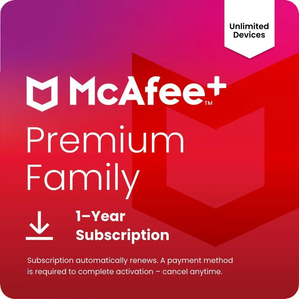 McAfee  Premium Family Unlimited Devices 2025 1-Year Subscription with Auto-Renewal | Cybersecurity Software Includes Antivirus, Secure VPN, Identity Monitoring, Scam Protection | Download