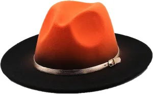 Mokkpeq Women Men Woolen Fedoras Top Hat Color Block Wide Brim Casual Round Top Bowler Hats with Belt Buckle