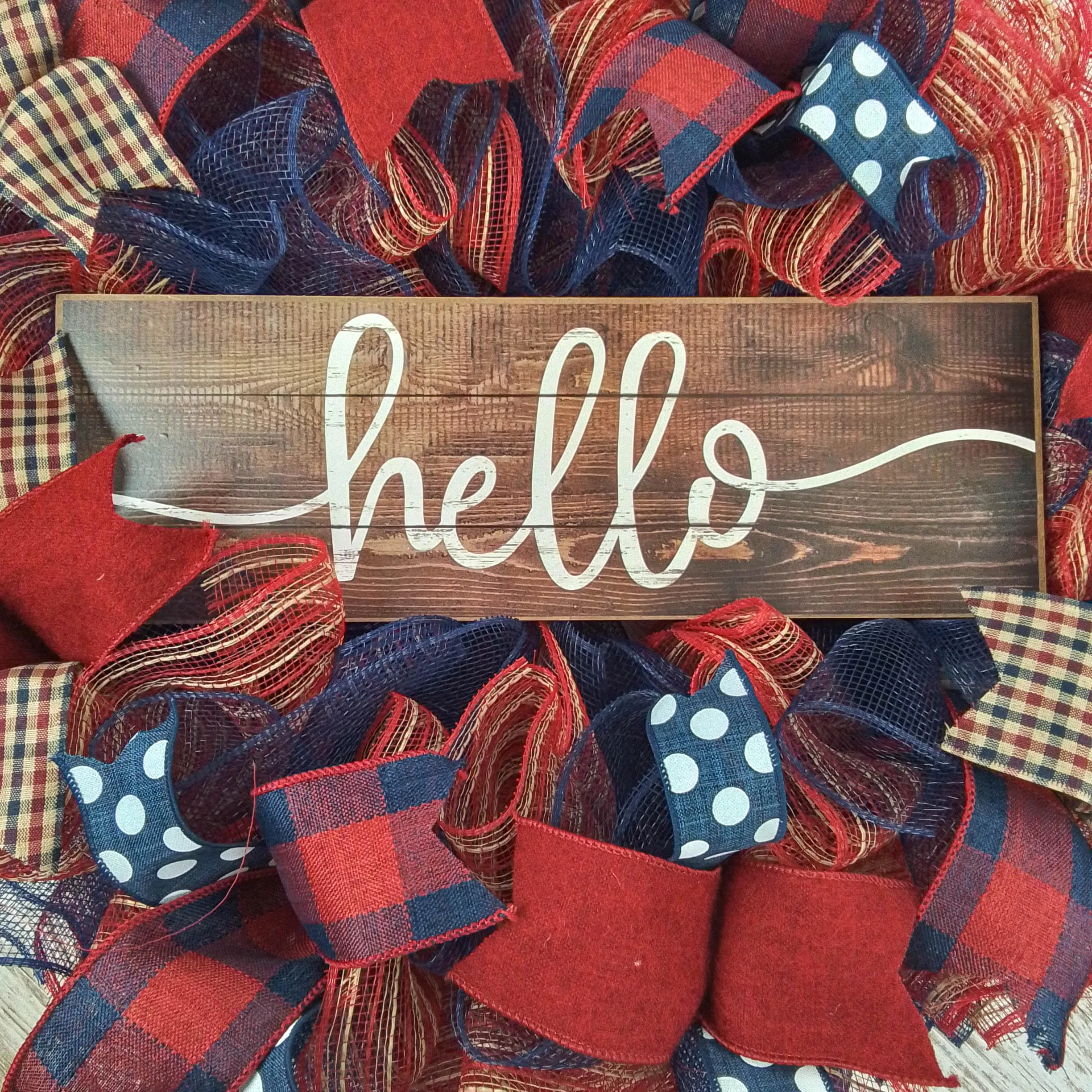 Navy Red Everyday Wreath - Hello Sign - Birthday Gift for Her - Year Round Decor