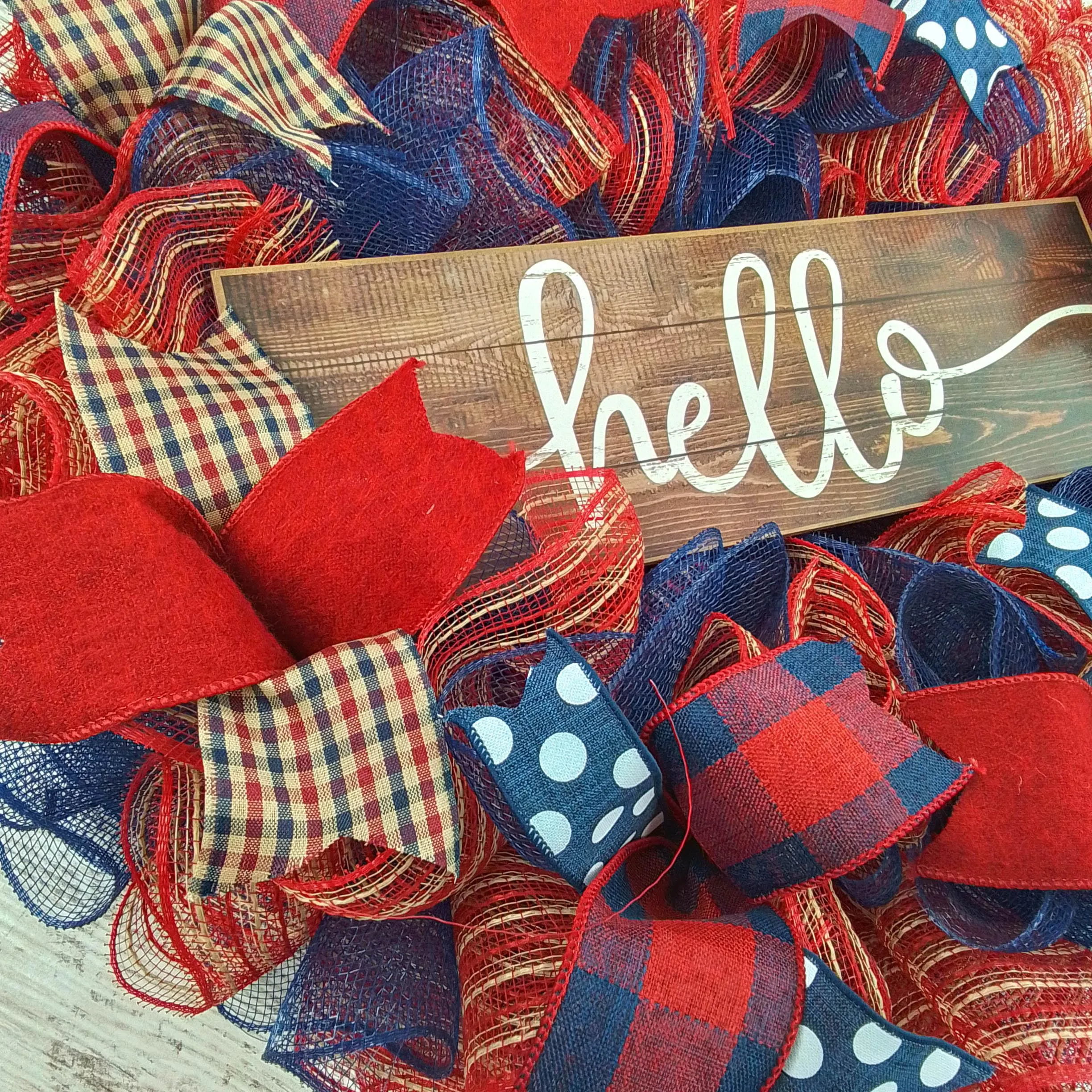 Navy Red Everyday Wreath - Hello Sign - Birthday Gift for Her - Year Round Decor