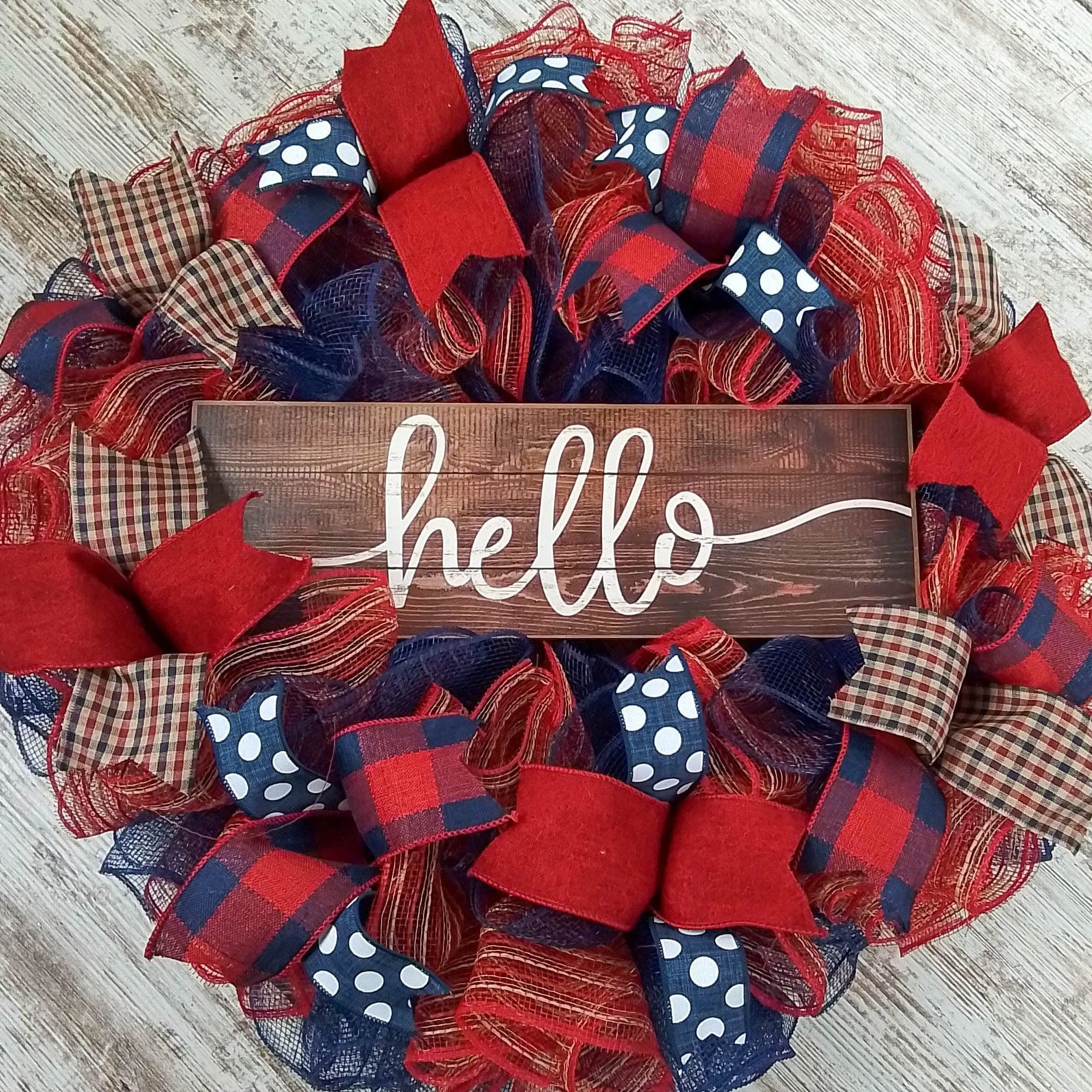 Navy Red Everyday Wreath - Hello Sign - Birthday Gift for Her - Year Round Decor