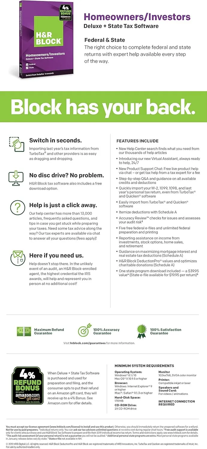 [OLD VERSION] H&R Block Tax Software Deluxe   State 2019 [Amazon Exclusive] [PC Download]